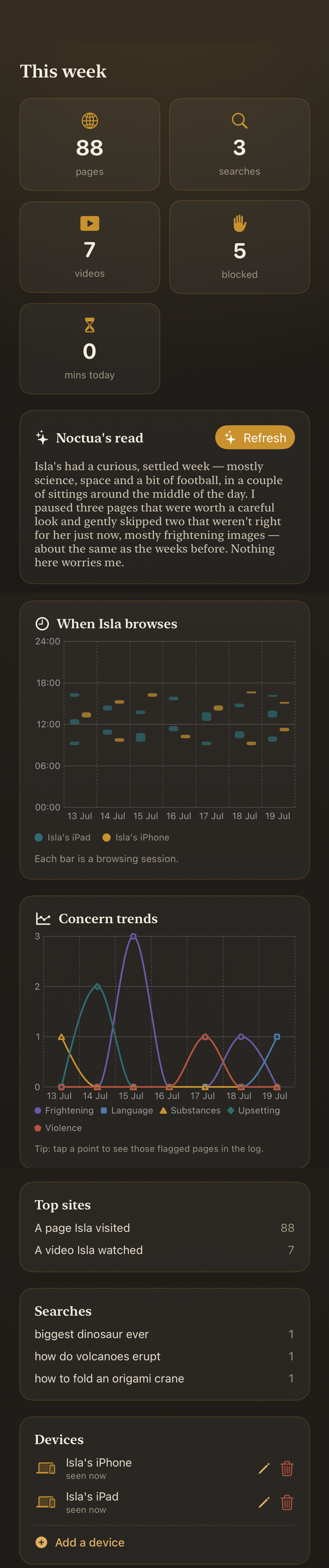 Isla's grown-up console — a week of activity across two devices
