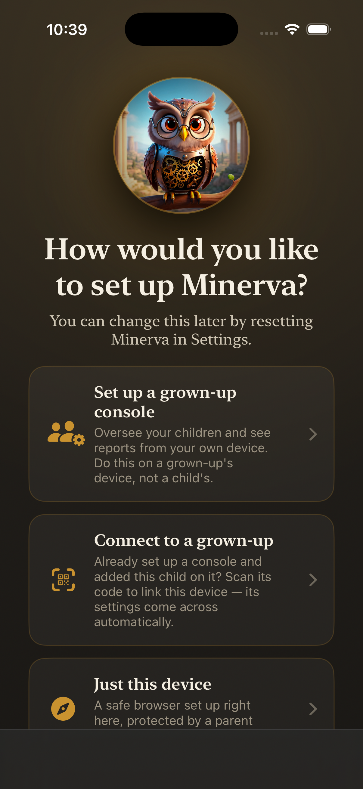 Minerva's first-run setup screen on iPhone